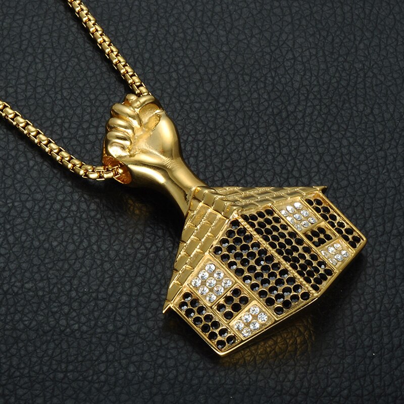Rhinestone-Studded Gold-Plated House Bling Stainless Steel Hip-hop Pendant Necklace-Necklaces-Innovato Design-Innovato Design