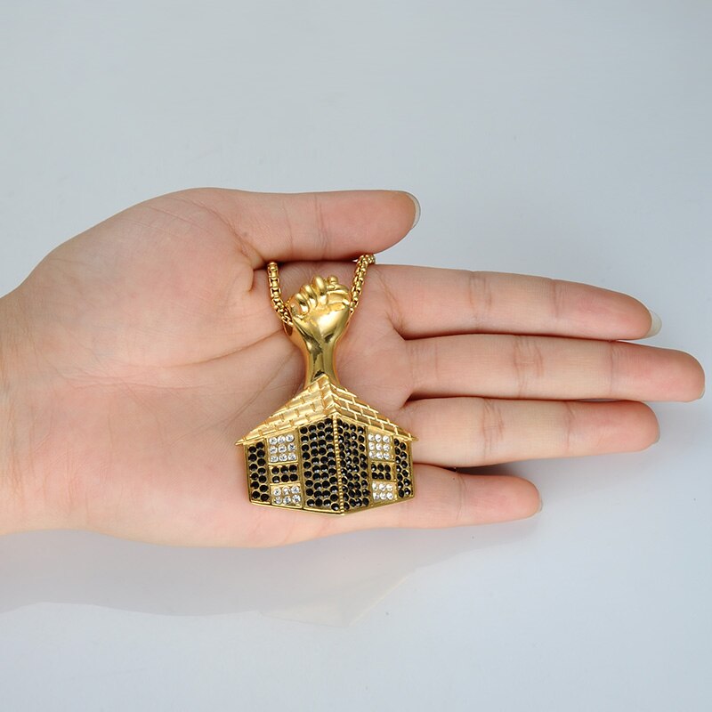 Rhinestone-Studded Gold-Plated House Bling Stainless Steel Hip-hop Pendant Necklace-Necklaces-Innovato Design-Innovato Design