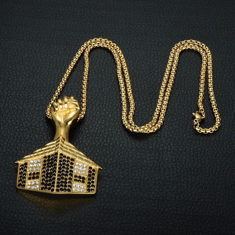 Rhinestone-Studded Gold-Plated House Bling Stainless Steel Hip-hop Pendant Necklace-Necklaces-Innovato Design-Innovato Design