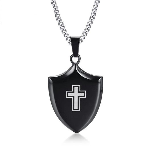 Polished Black Shield of Faith Cross Pendant and Silver Necklace-Necklaces-Innovato Design-Innovato Design