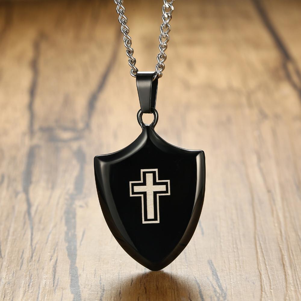 Polished Black Shield of Faith Cross Pendant and Silver Necklace-Necklaces-Innovato Design-Innovato Design