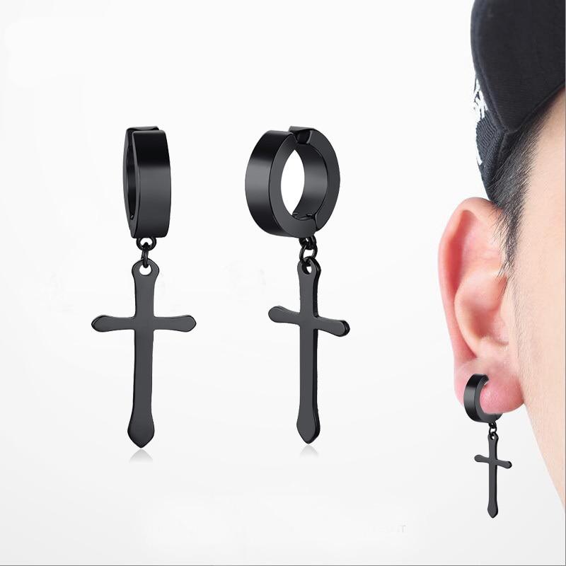 Men's Stainless Steel Black Crucifix Drop Earrings-Earrings-Innovato Design-Black-Innovato Design