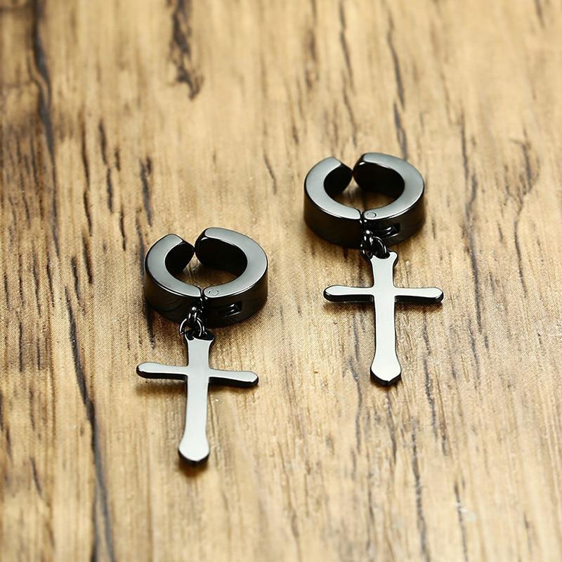 Men's Stainless Steel Black Crucifix Drop Earrings-Earrings-Innovato Design-Black-Innovato Design