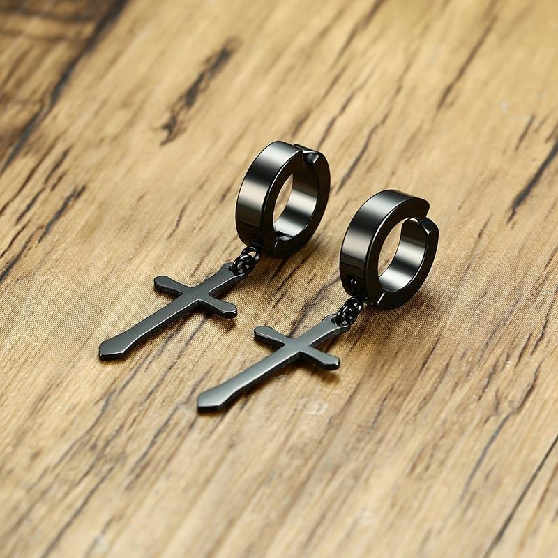 Men's Stainless Steel Black Crucifix Drop Earrings-Earrings-Innovato Design-Black-Innovato Design