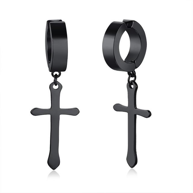 Men's Stainless Steel Black Crucifix Drop Earrings-Earrings-Innovato Design-Black-Innovato Design