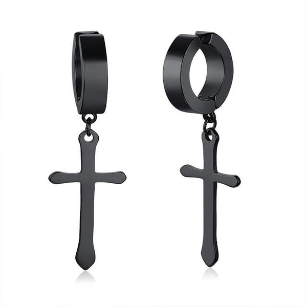 Men's Stainless Steel Black Crucifix Drop Earrings - InnovatoDesign
