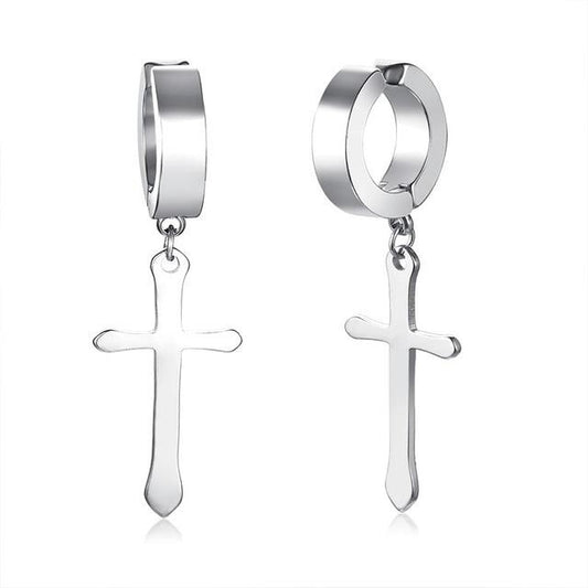 Men's Stainless Steel Black Crucifix Drop Earrings-Earrings-Innovato Design-Silver-Innovato Design