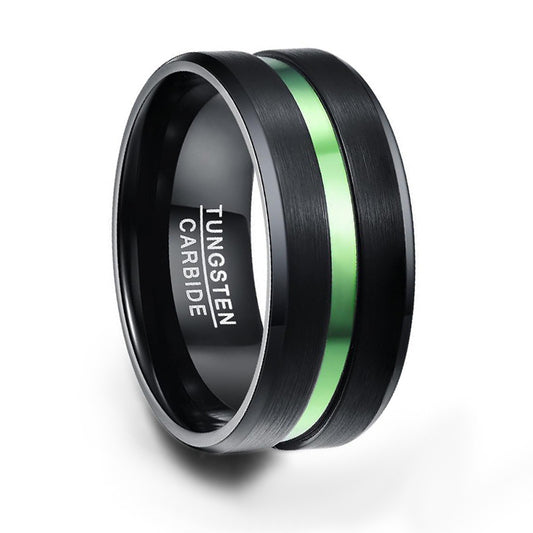10mm Dual Brushed Matte Black and Green Inlay Tungsten Carbide Ring-Rings-Innovato Design-7-Innovato Design