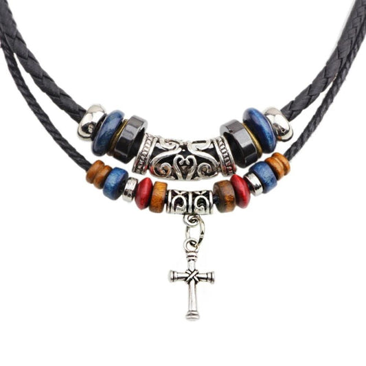 Beaded Knotted Leather Choker Necklace with Silver Cross Pendant Necklace-Necklaces-Innovato Design-Innovato Design