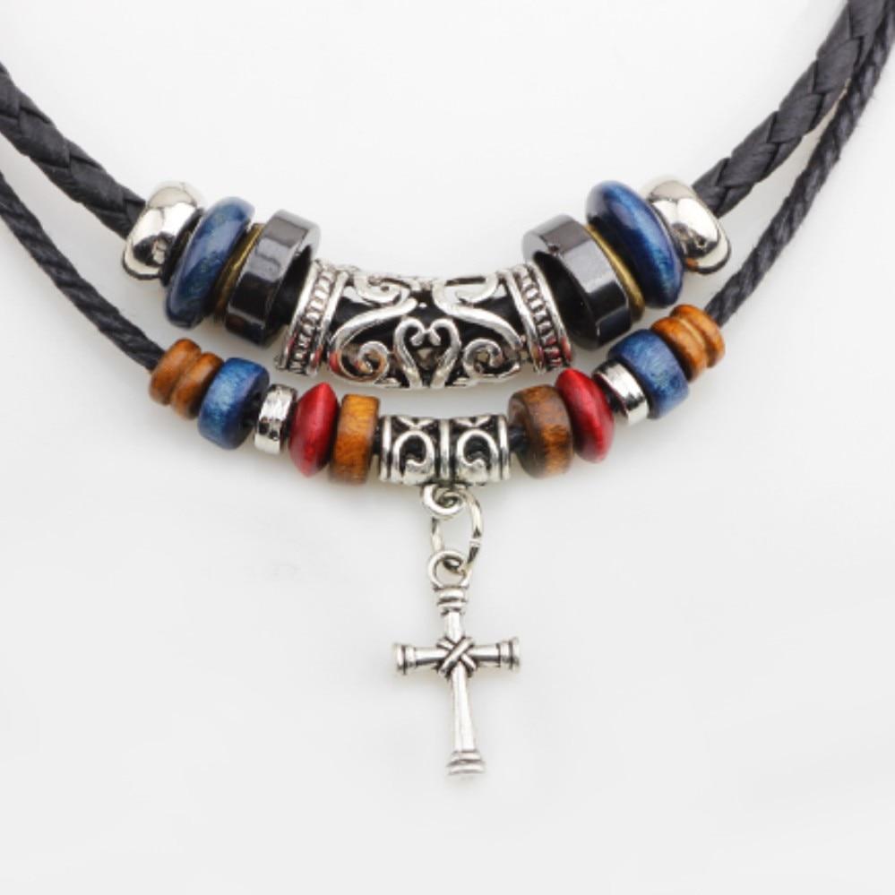 Beaded Knotted Leather Choker Necklace with Silver Cross Pendant Necklace-Necklaces-Innovato Design-Innovato Design