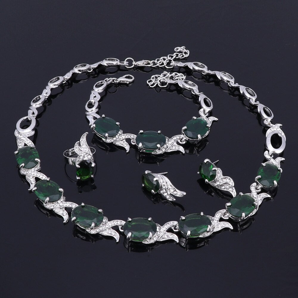 Green Crystal and Rhinestone Necklace, Bracelet, Earrings & Ring Wedding Jewelry Set-Jewelry Sets-Innovato Design-Gold-Innovato Design