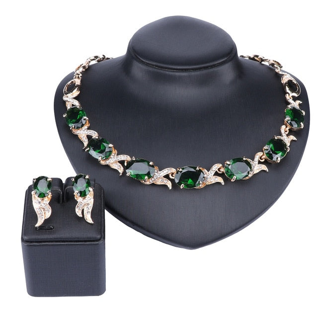 Green Crystal and Rhinestone Necklace, Bracelet, Earrings & Ring Wedding Jewelry Set-Jewelry Sets-Innovato Design-Gold-Innovato Design