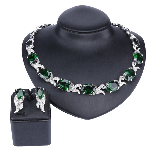 Green Crystal and Rhinestone Necklace, Bracelet, Earrings & Ring Wedding Jewelry Set-Jewelry Sets-Innovato Design-Gold-Innovato Design