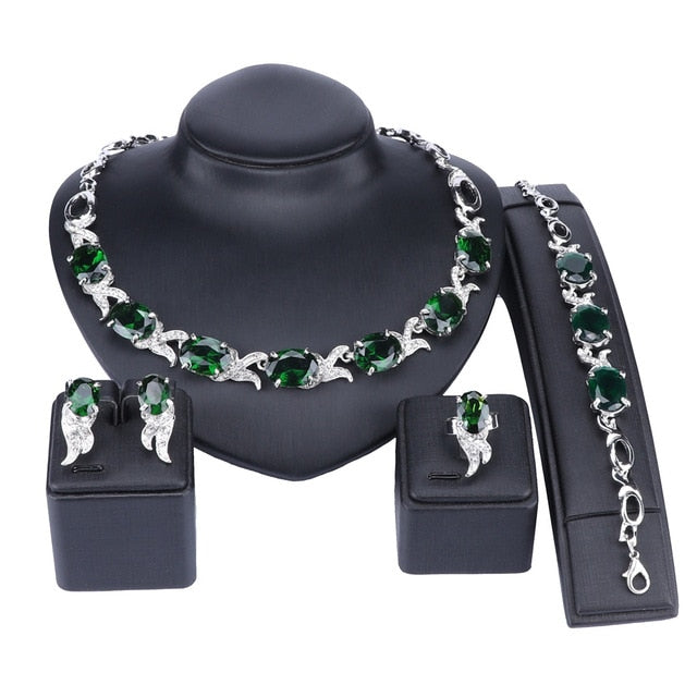 Green Crystal and Rhinestone Necklace, Bracelet, Earrings & Ring Wedding Jewelry Set-Jewelry Sets-Innovato Design-Silver-Innovato Design