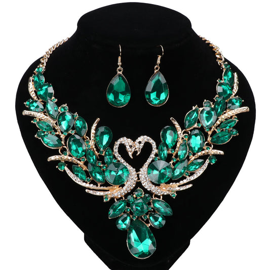 Double Swan Gold-Plated Green Crystal Necklace & Earrings Wedding Statement Jewelry Set-Jewelry Sets-Innovato Design-Innovato Design
