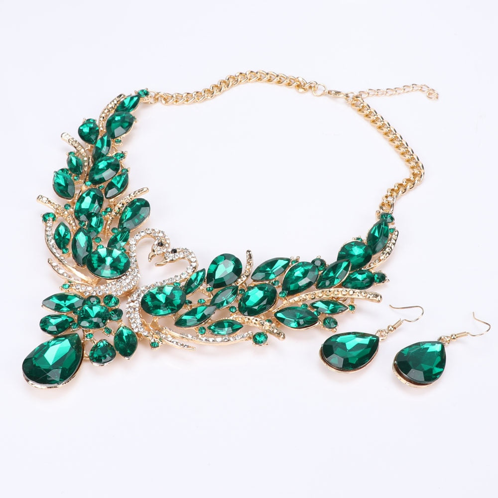 Double Swan Gold-Plated Green Crystal Necklace & Earrings Wedding Statement Jewelry Set-Jewelry Sets-Innovato Design-Innovato Design