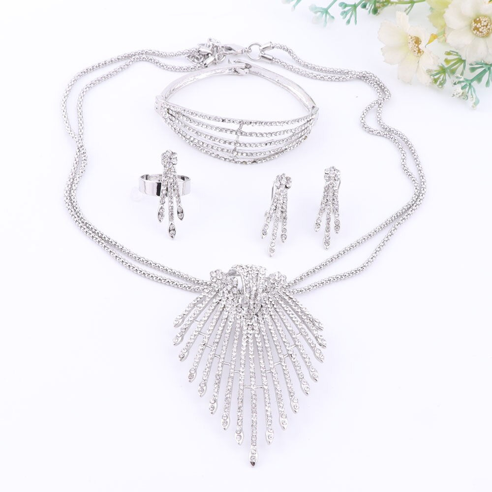 Flare Crystal Necklace, Bracelet, Earrings & Ring Wedding Statement Jewelry Set-Jewelry Sets-Innovato Design-Gold-Innovato Design