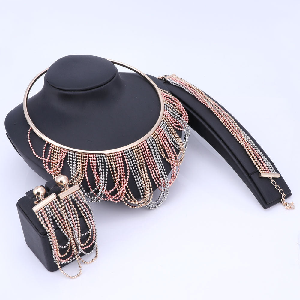 Gold and Silver-Plated Beads Necklace, Bracelet & Earrings Wedding Statement Jewelry Set-Jewelry Sets-Innovato Design-Innovato Design