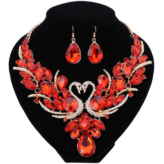 Red Crystal Double Swan Necklace & Earrings Wedding Jewelry Set-Jewelry Sets-Innovato Design-Innovato Design