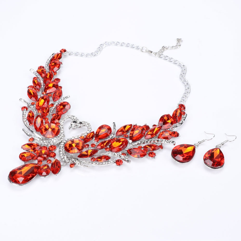 Red Crystal Double Swan Necklace & Earrings Wedding Jewelry Set-Jewelry Sets-Innovato Design-Innovato Design