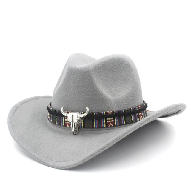 Metal Bull Skull Cowboy Hat with Colorful Patterned Band-Hats-Innovato Design-Gray-Innovato Design