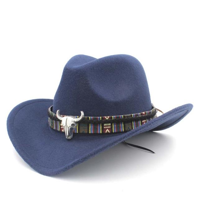 Metal Bull Skull Cowboy Hat with Colorful Patterned Band-Hats-Innovato Design-Navy-Innovato Design