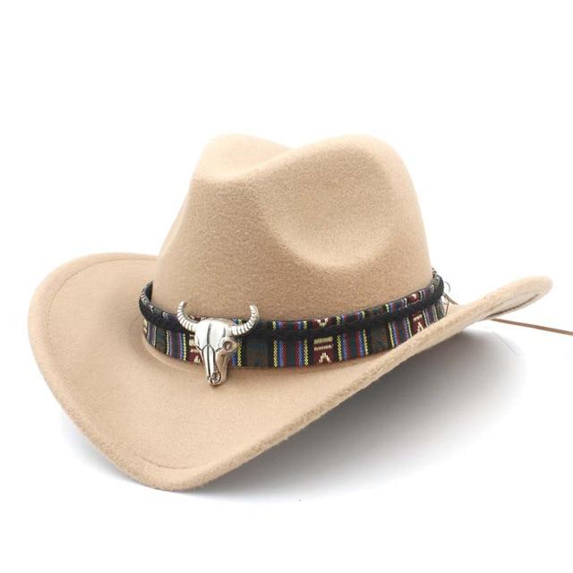 Metal Bull Skull Cowboy Hat with Colorful Patterned Band-Hats-Innovato Design-Beige-Innovato Design
