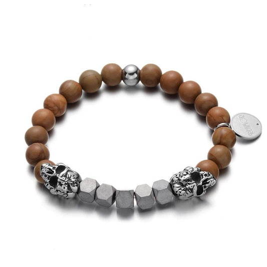 Natural Brown Wood and Iron Stone Skulls Bracelet for Men-Skull Bracelet-Innovato Design-6.7-Innovato Design