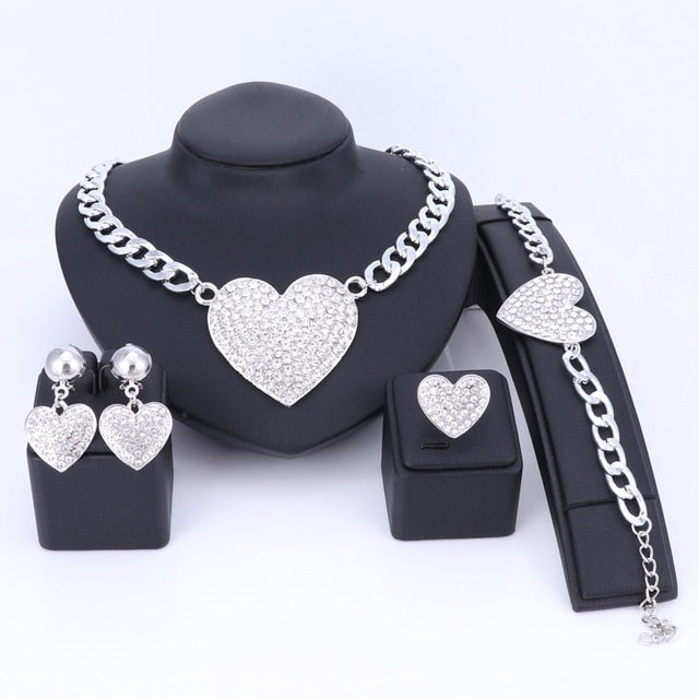 Crystal and Rhinestone Heart Necklace, Bracelet, Earrings & Ring Wedding Statement Jewelry Set-Jewelry Sets-Innovato Design-Silver-Innovato Design