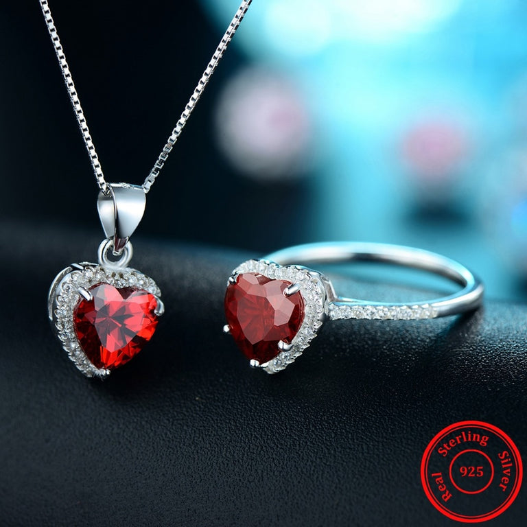 Red Heart Crystal 925 Sterling Silver Necklace & Ring Fashion Wedding ...