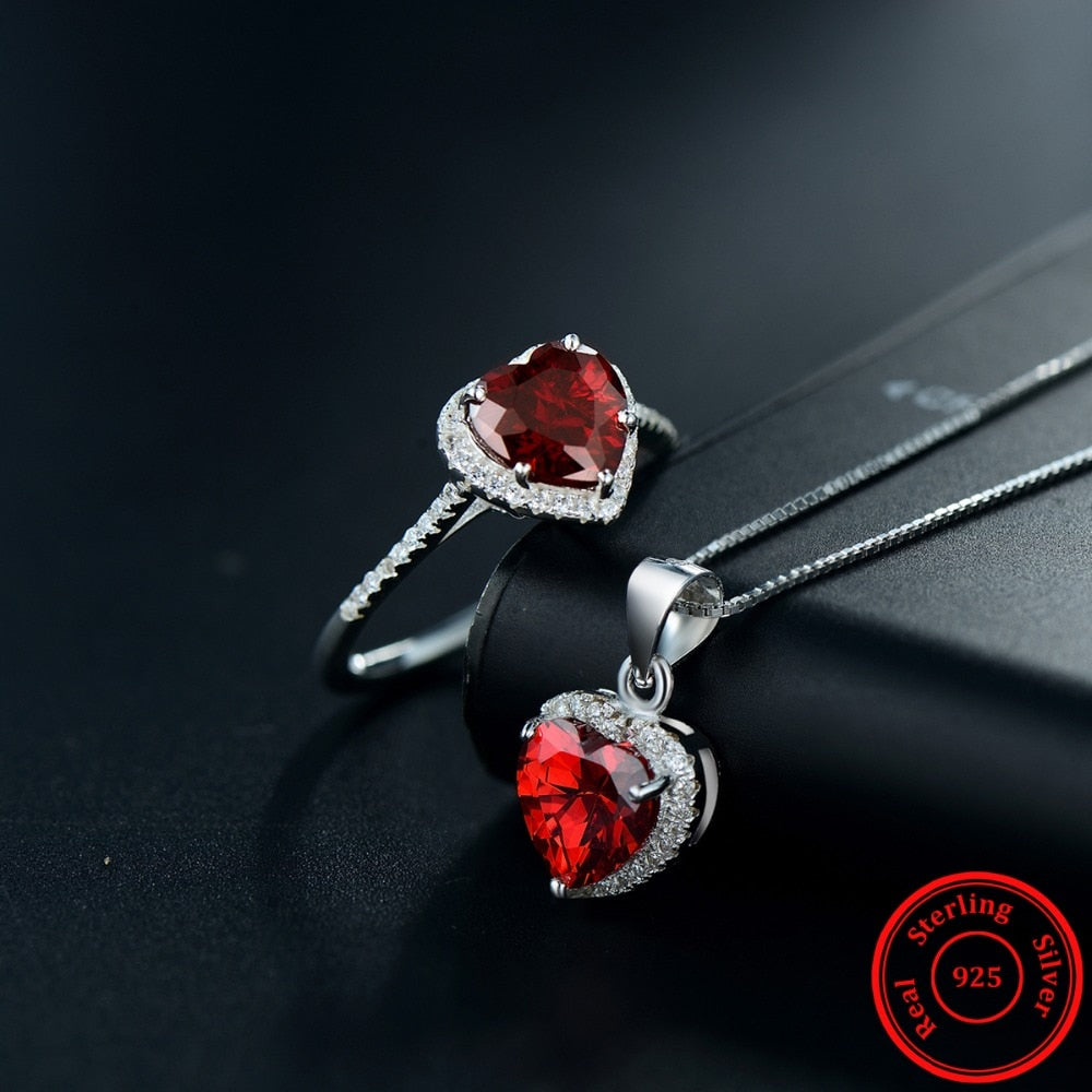 Red Heart Crystal 925 Sterling Silver Necklace & Ring Fashion Wedding Jewelry Set-Jewelry Sets-Innovato Design-5-Innovato Design