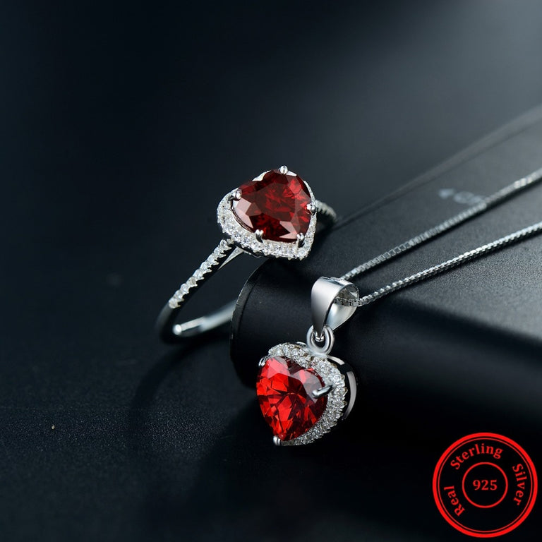 Red Heart Crystal 925 Sterling Silver Necklace & Ring Fashion Wedding ...