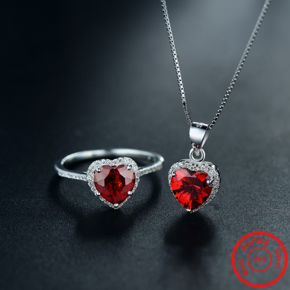 Red Heart Crystal 925 Sterling Silver Necklace & Ring Fashion Wedding Jewelry Set-Jewelry Sets-Innovato Design-5-Innovato Design