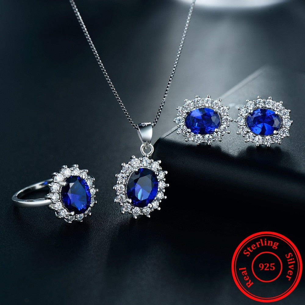 Oval Crystal 925 Sterling Silver Necklace, Earrings & Ring Fashion Jewelry Set-Jewelry Sets-Innovato Design-5-Innovato Design