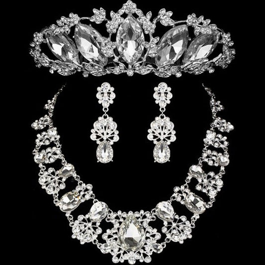 Crystal and Flower Tiara, Necklace & Earrings Wedding Jewelry Set-Jewelry Sets-Innovato Design-Innovato Design