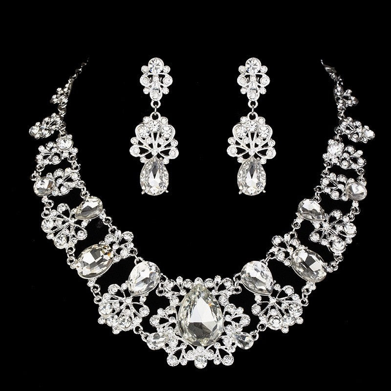 Crystal and Flower Tiara, Necklace & Earrings Wedding Jewelry Set-Jewelry Sets-Innovato Design-Innovato Design