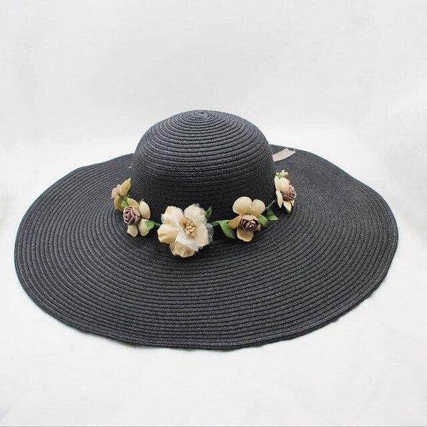 Floppy Wide Brim Sun Hat with Organza Flowers