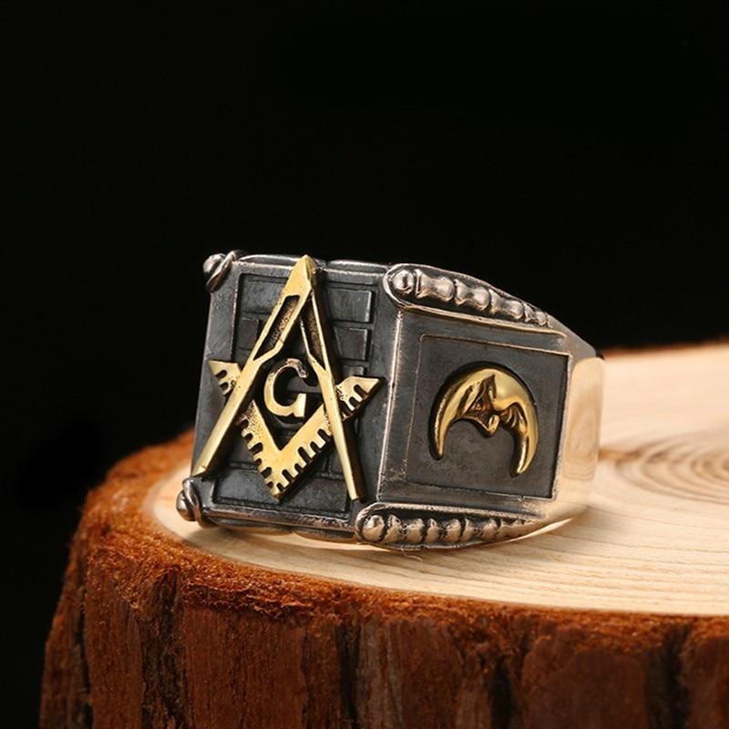 925 Sterling Silver Masonic Ring with Black and Gold Plated G Symbol, Sun & Moon-Rings-Innovato Design-6-Innovato Design