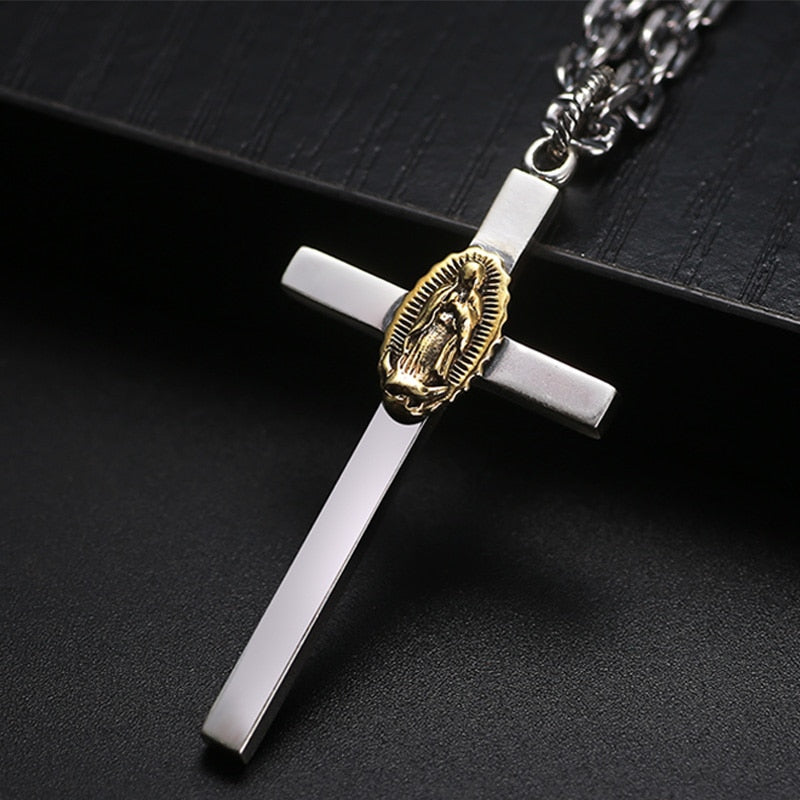 Virgin Mary Christian Cross 925 Sterling Silver Vintage Pendant Necklace-Necklaces-Innovato Design-21.65in-Innovato Design