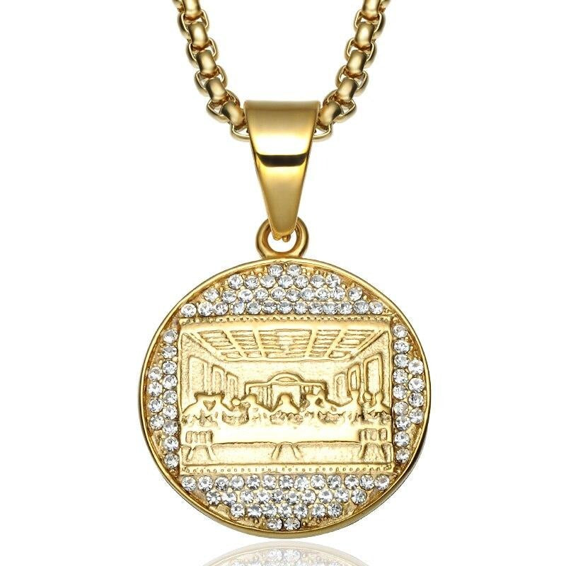 Rhinestone-Studded Gold-Plated “The Last Supper” Bling Stainless Steel Hip-hop Pendant Necklace-Necklaces-Innovato Design-Innovato Design