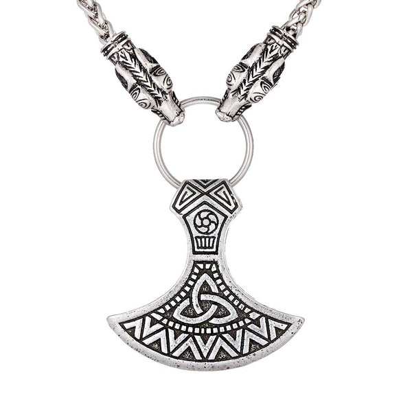 Silver Necklace with Wolf Head Links and Nordic Axe Pendant - InnovatoDesign