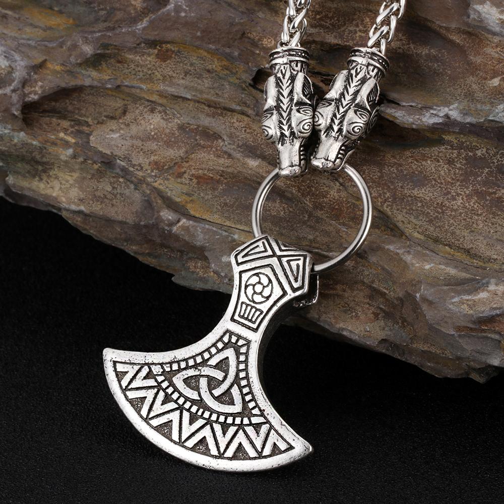 Silver Necklace with Wolf Head Links and Nordic Axe Pendant-Necklaces-Innovato Design-Innovato Design