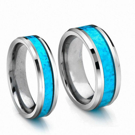 Pair of Tungsten Rings with Hawaiian Blue Opal Inlay and Beveled Edge - InnovatoDesign