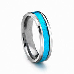 Pair of Tungsten Rings with Hawaiian Blue Opal Inlay and Beveled Edge - InnovatoDesign
