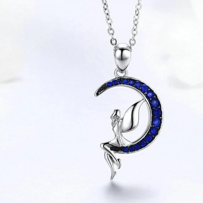 925 Sterling Silver Blue Crystal Crescent Moon and Fairy Pendant Necklace-Necklaces-Innovato Design-Innovato Design