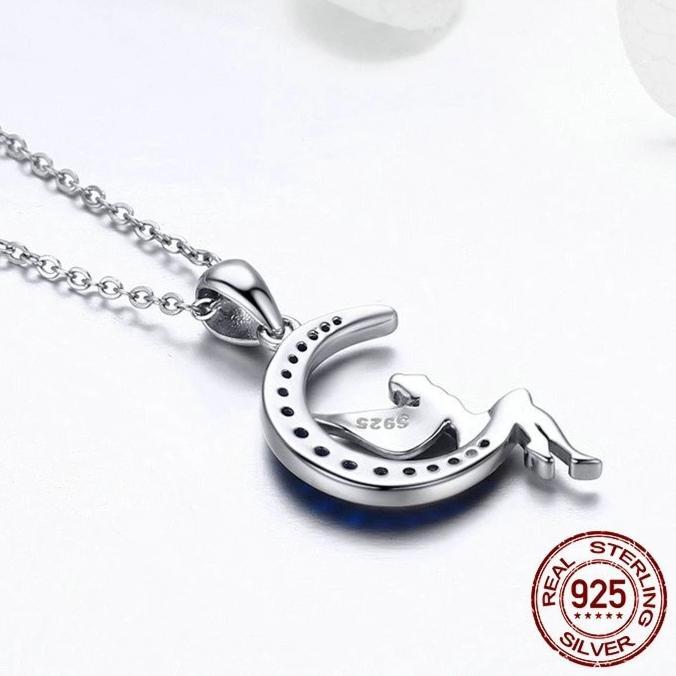 925 Sterling Silver Blue Crystal Crescent Moon and Fairy Pendant Necklace-Necklaces-Innovato Design-Innovato Design