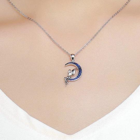 925 Sterling Silver Blue Crystal Crescent Moon and Fairy Pendant Necklace-Necklaces-Innovato Design-Innovato Design