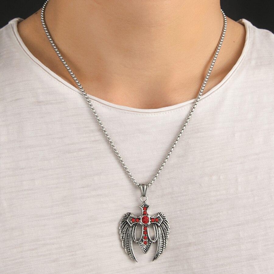 Angel Wings Steel Cross with Ruby Crystals and Chain Necklace-Necklaces-Innovato Design-Innovato Design