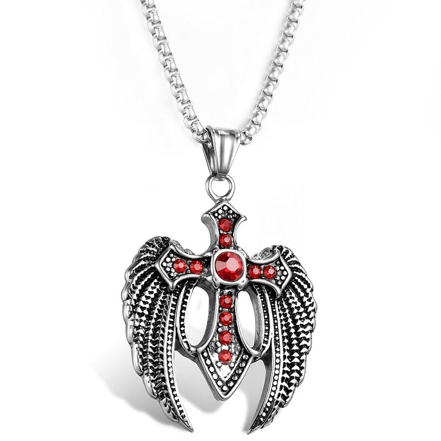 Angel Wings Steel Cross with Ruby Crystals and Chain Necklace-Necklaces-Innovato Design-Innovato Design