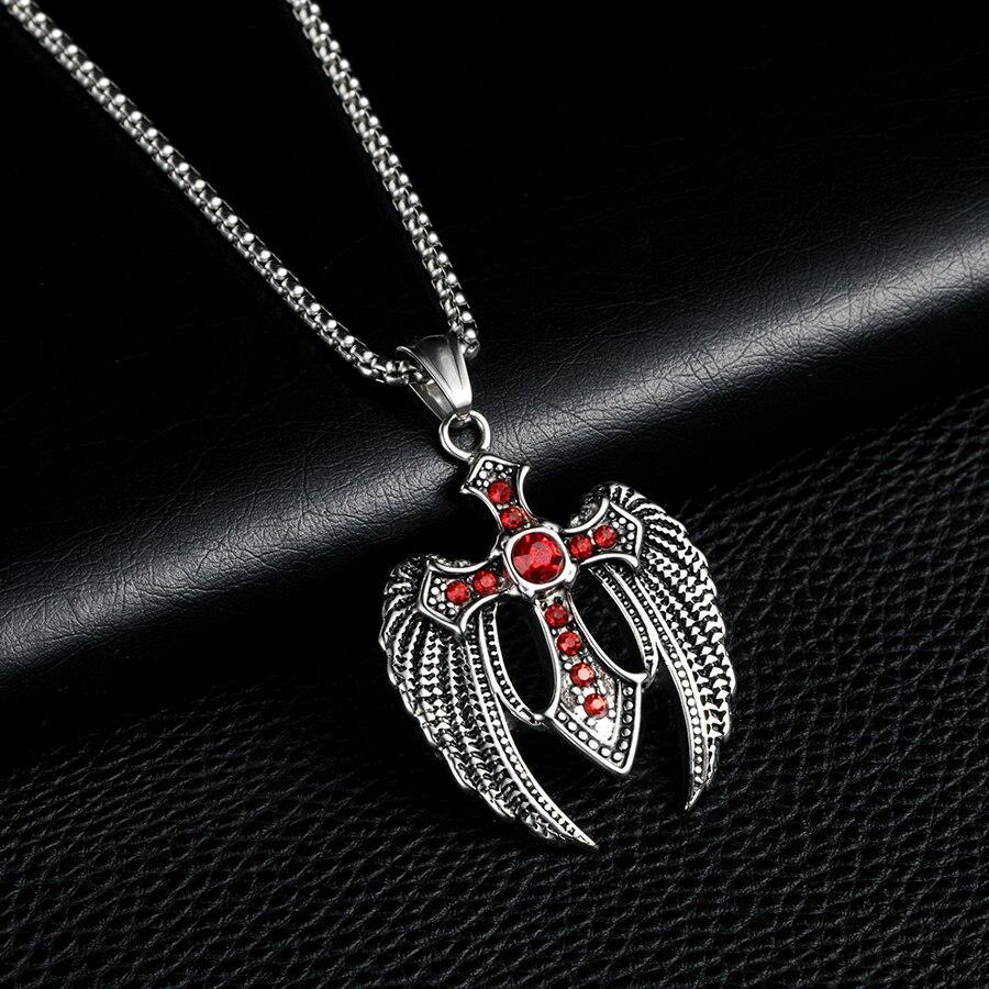 Angel Wings Steel Cross with Ruby Crystals and Chain Necklace-Necklaces-Innovato Design-Innovato Design